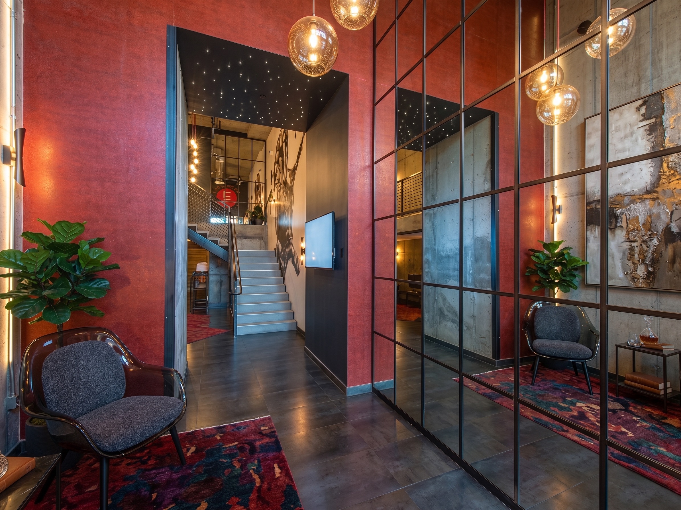 Building lobby with oxblood plaster walls and starlit ceiling