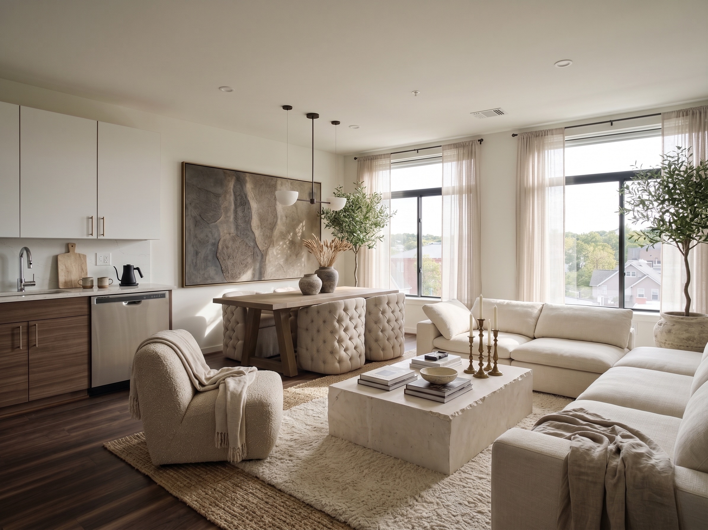 Open-plan living and dining with olive trees and stone slab coffee table