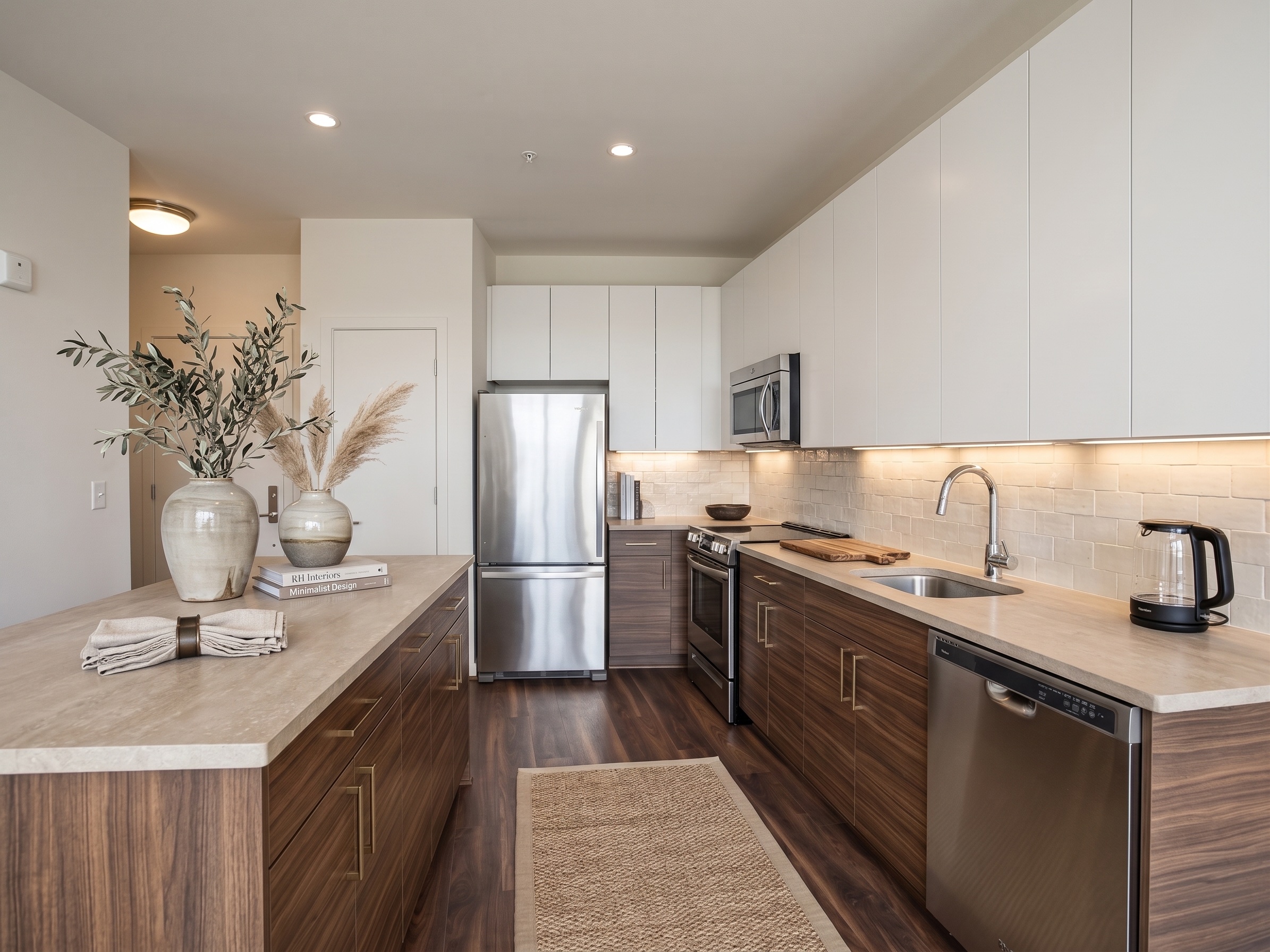 Galley kitchen detail with stacked cabinetry and ceramic backsplash