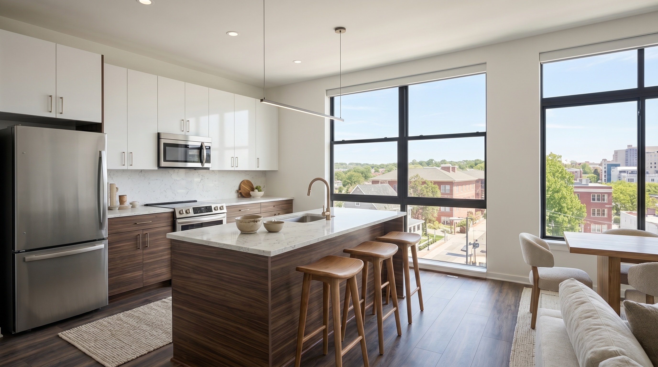 Dining area open to kitchen with pendant lighting