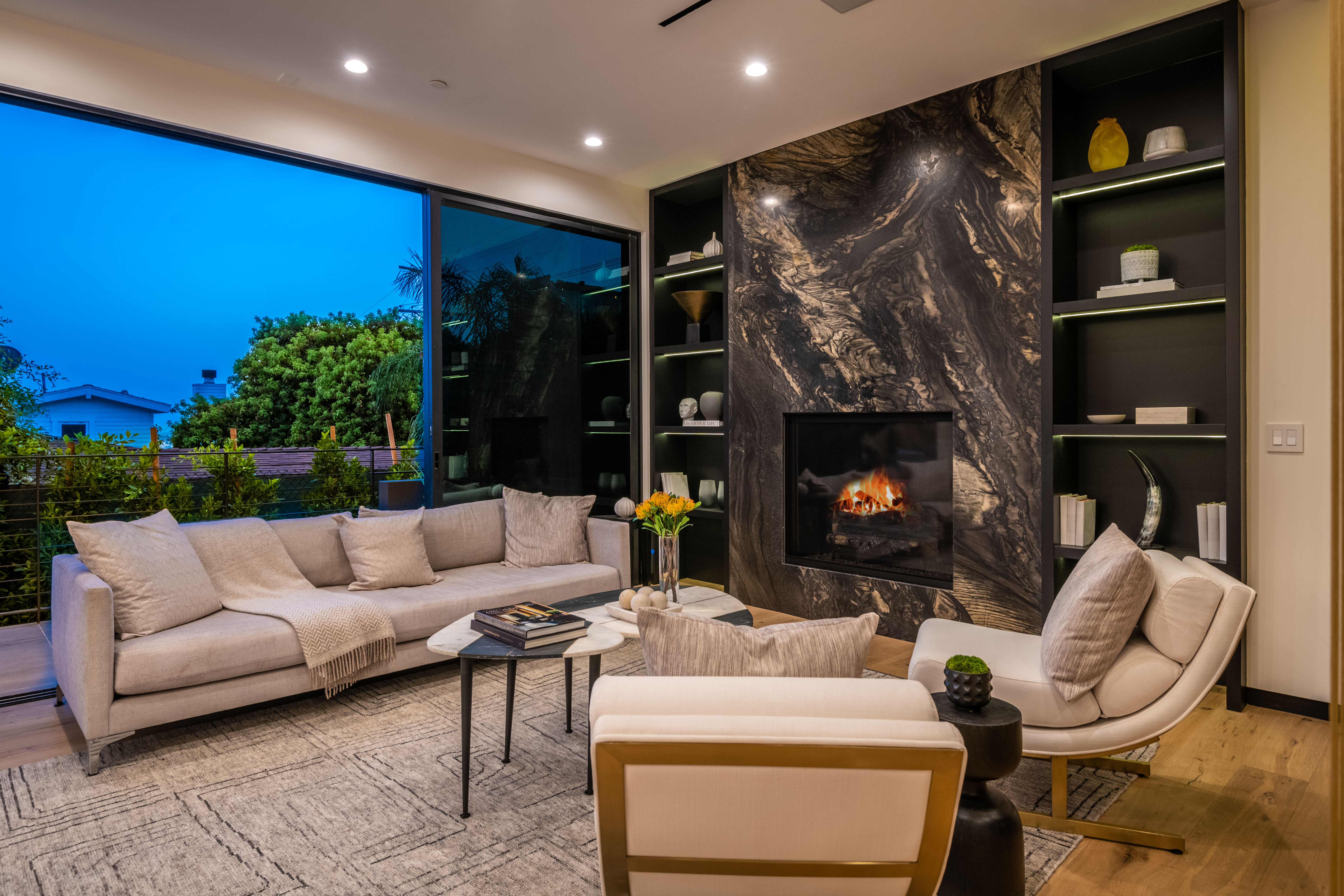 Living room detail with ring chandelier