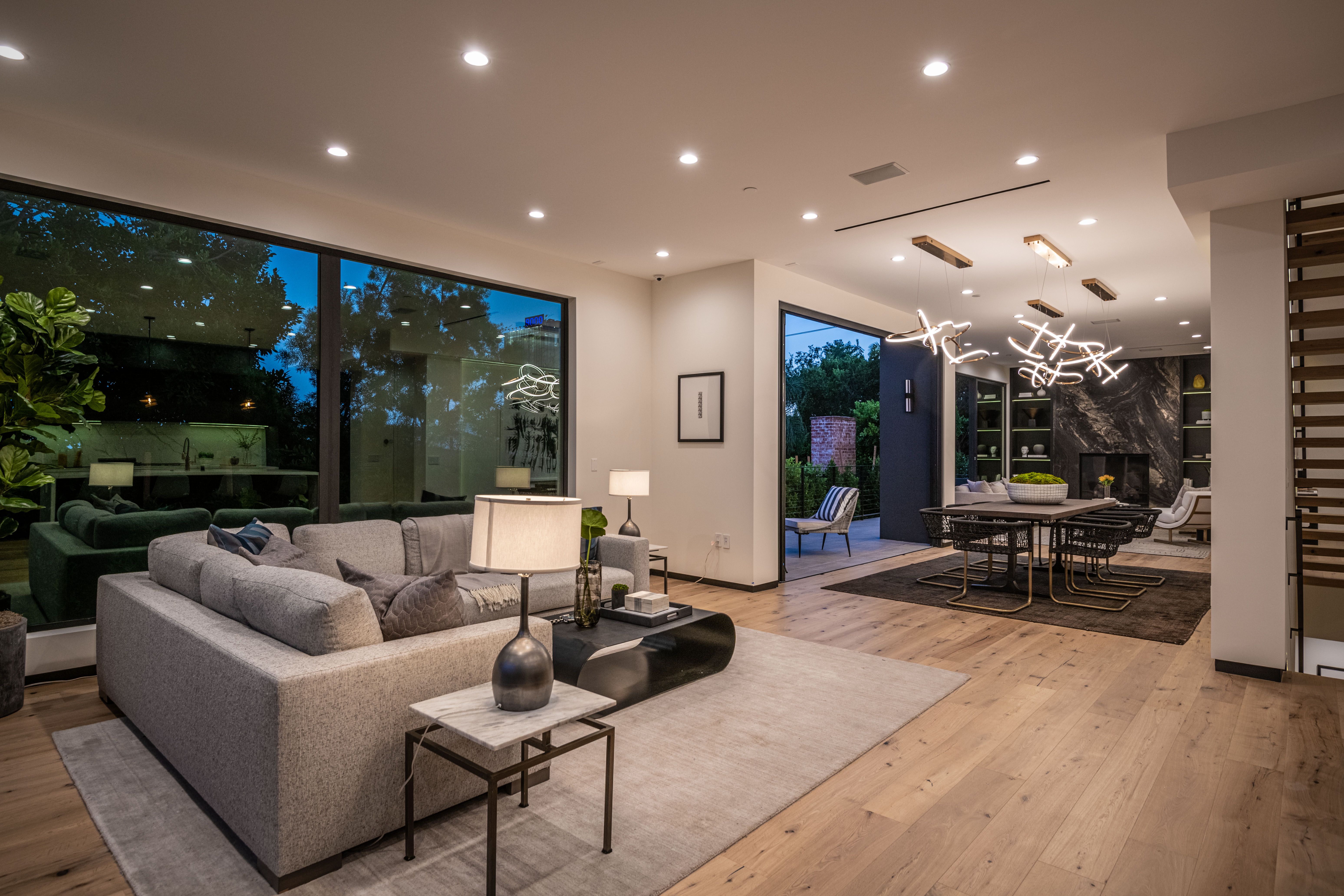 Rear patio with linear firepit lounge