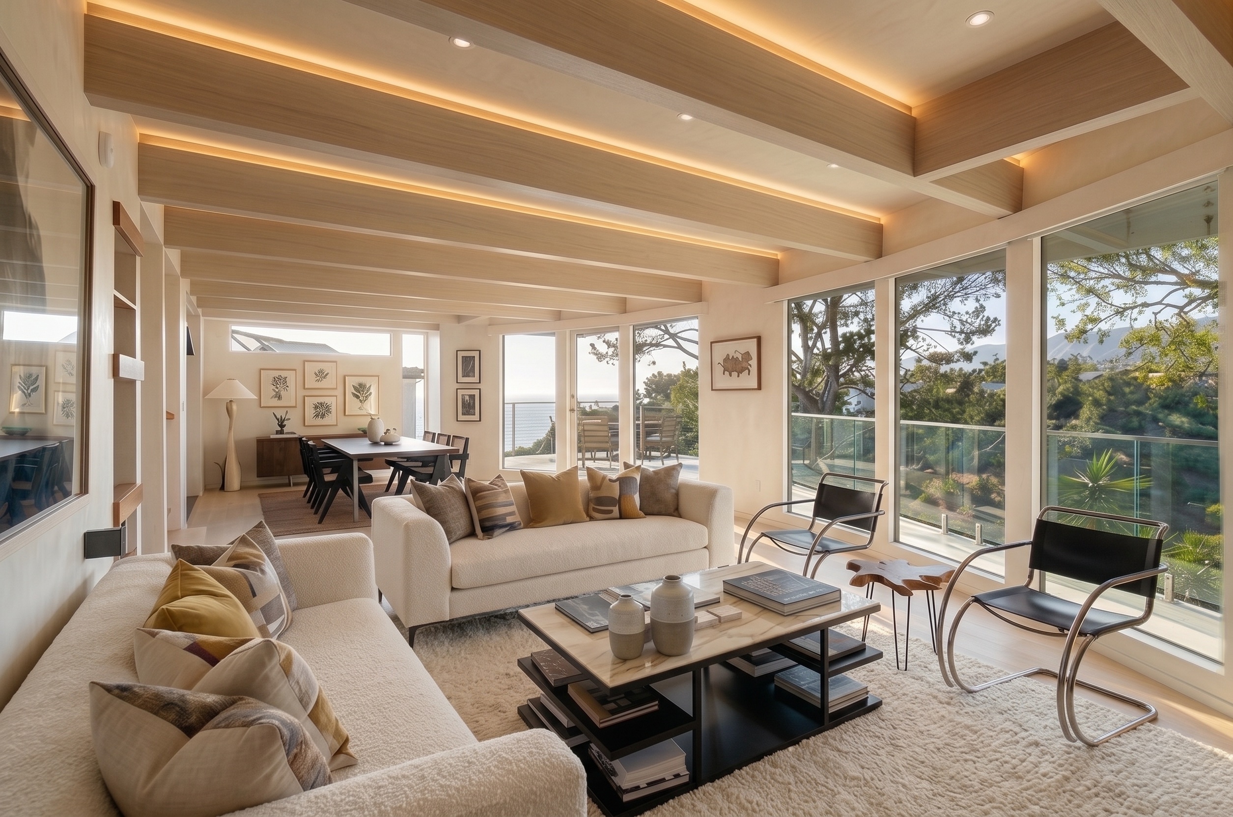 Open living room with seating and large windows