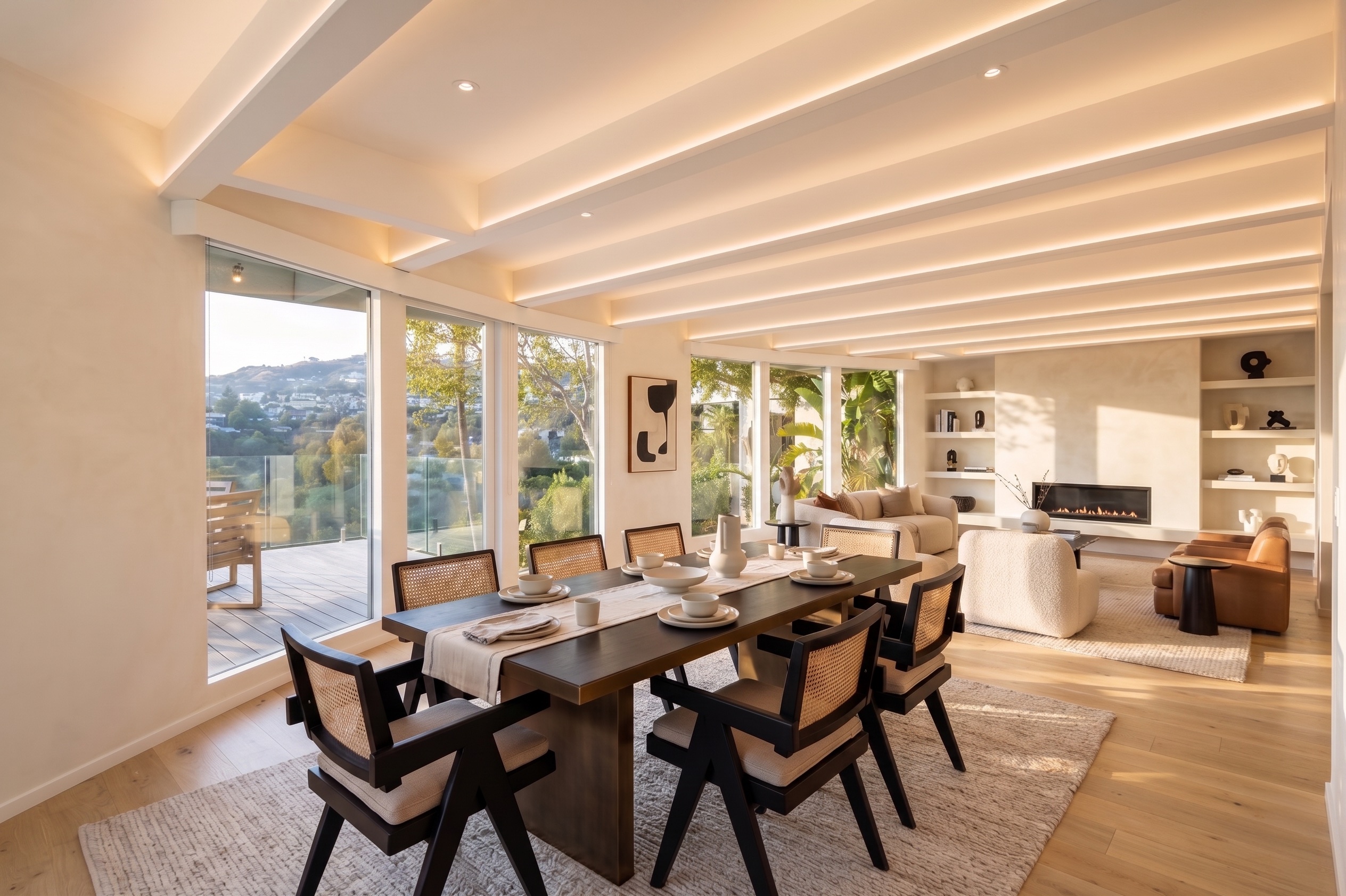 Open dining and living zone, looking through to exterior