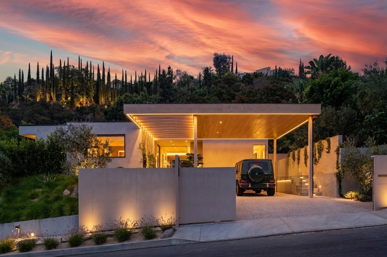 Rising Glen II residence — front exterior at sunset