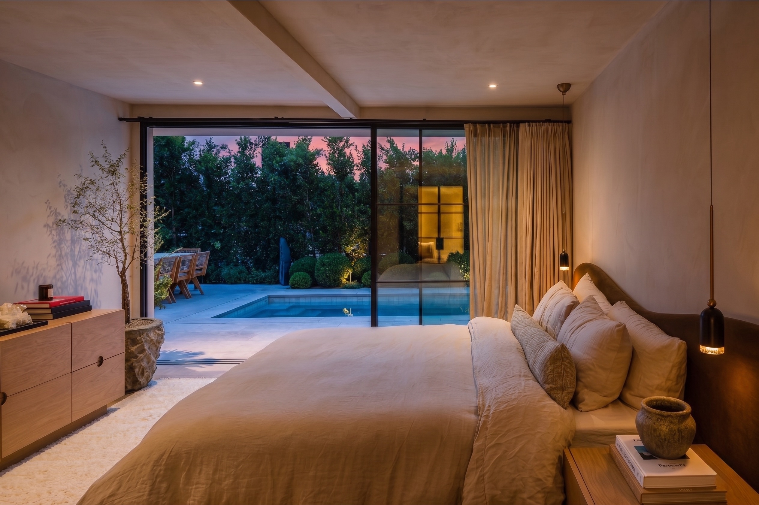 Primary bedroom with city view at twilight