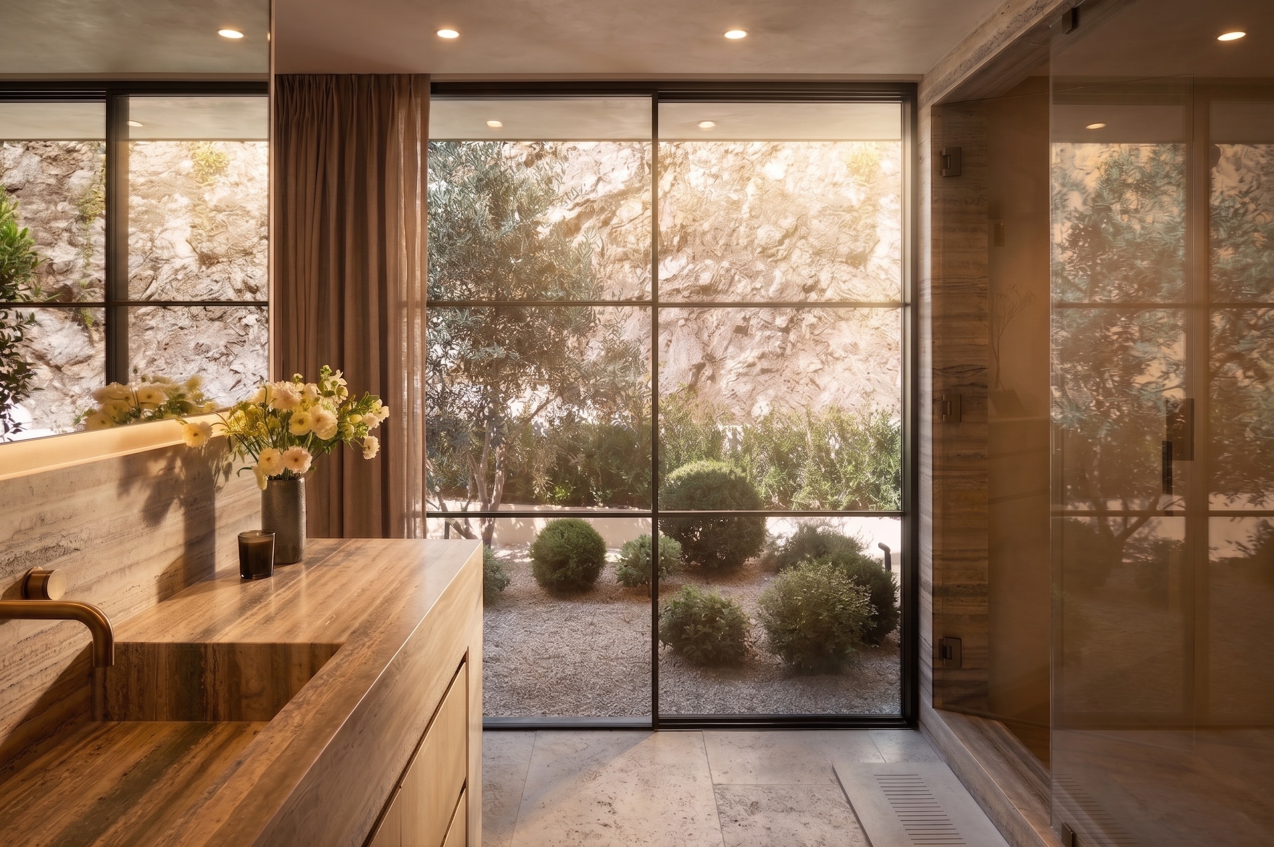 Primary bath with stone surfaces and freestanding tub