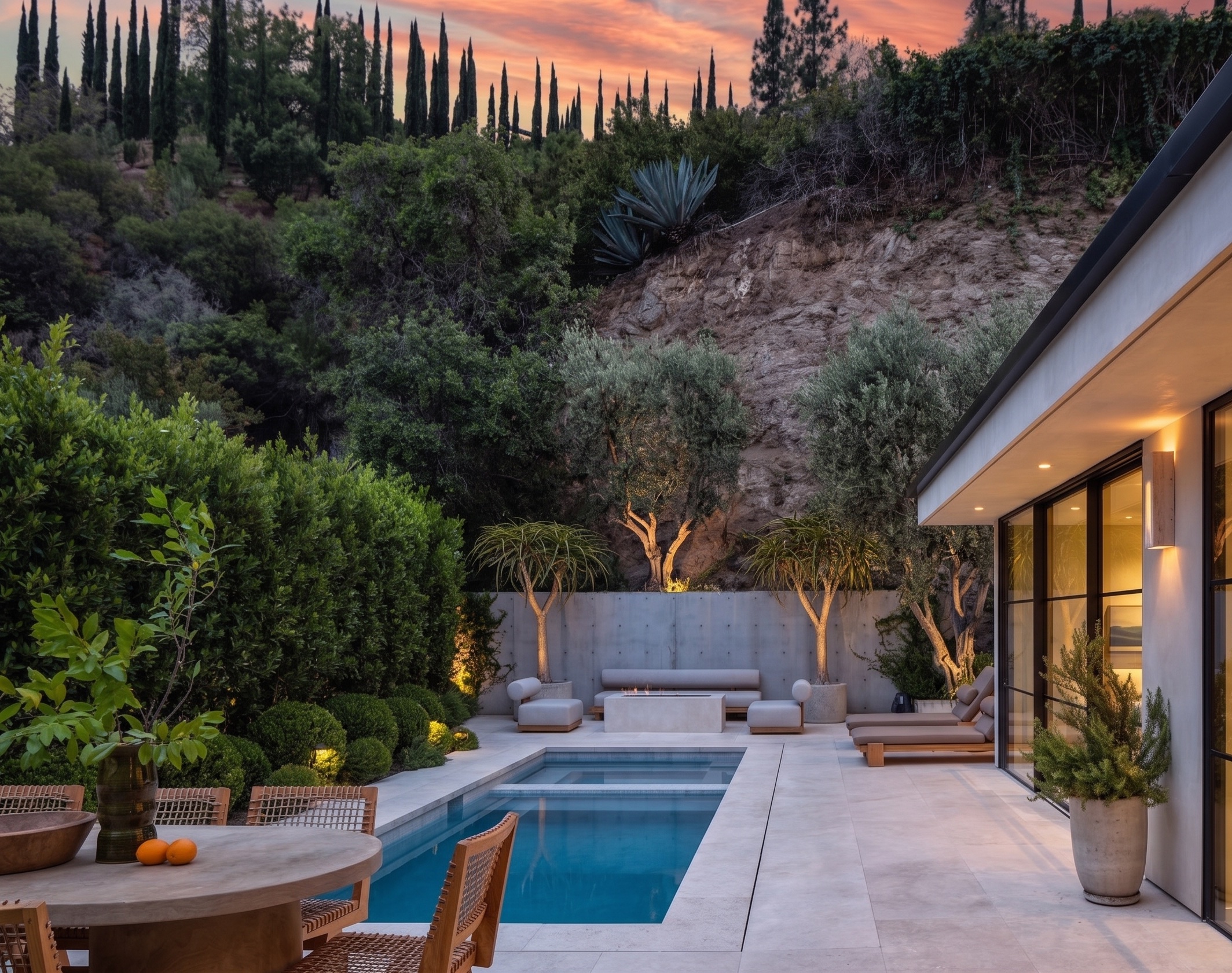 Pool terrace with linear firepit at sunset