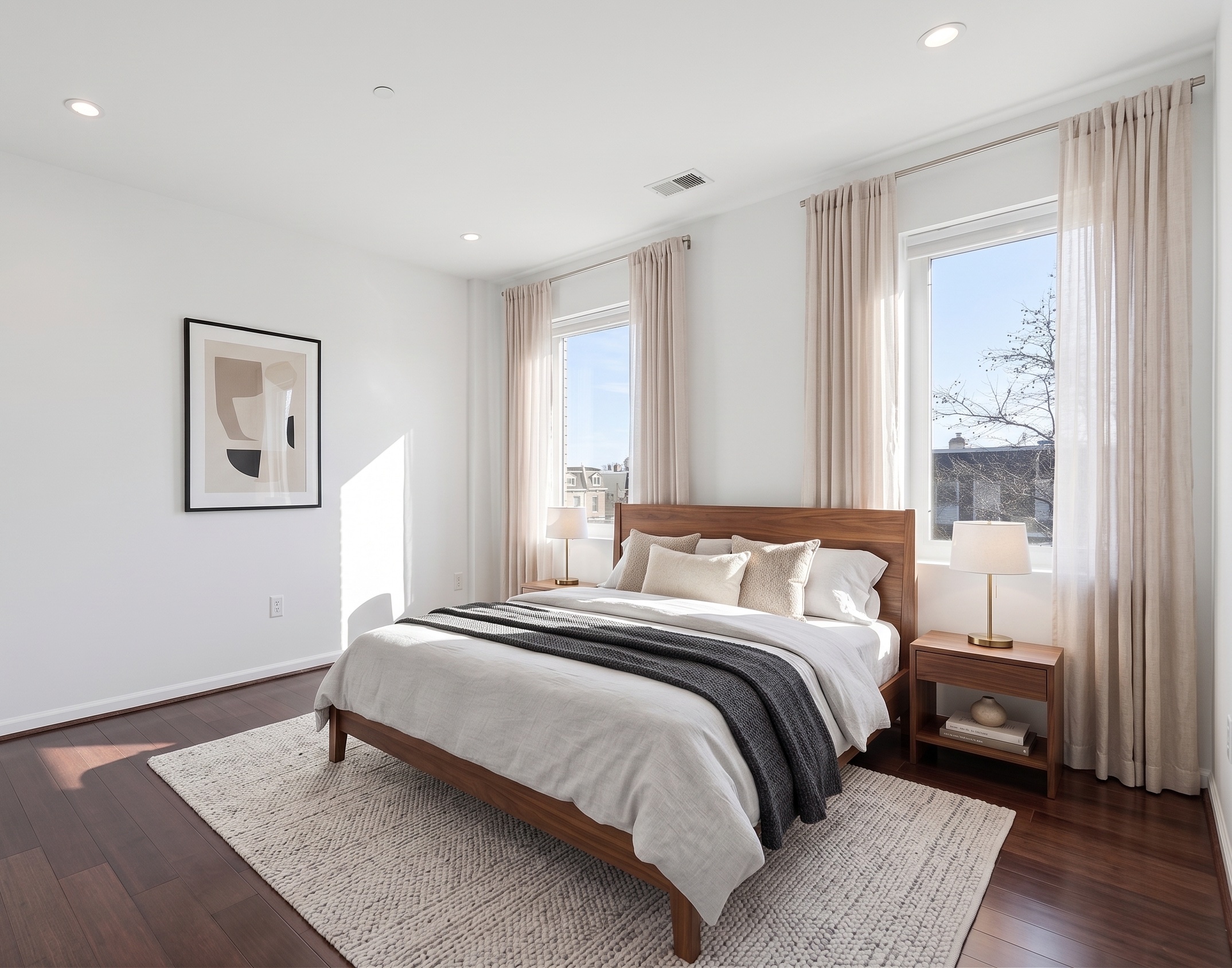 Bedroom with walnut bed frame and hardwood flooring